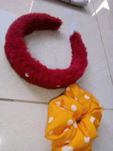Fuzzy Red Headband &amp; Polka Dot Scrunchie Set