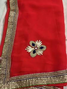 Vibrant Red Saree with Golden Border