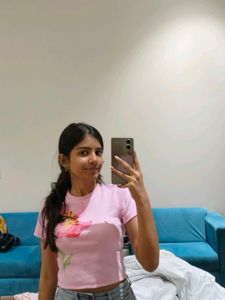 Pink Ribbed T-Shirt with Floral Print