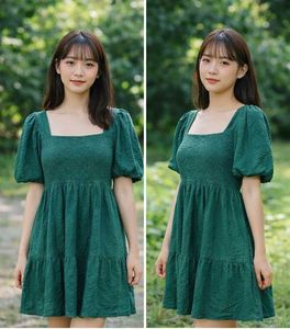 Green Puff Sleeve Mini Dress✨