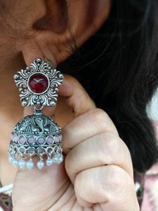 Oxidised Silver Jhumka Earrings with Red Stone