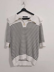 Striped Knit Top with Peter Pan Collar