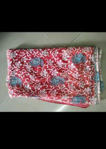 Red Saree with White &amp; Blue Print