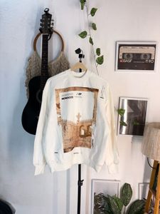 unisex Cream Graphic Print Crewneck Sweatshirt