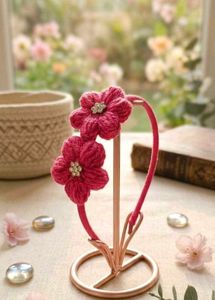 Handmade Red Crochet Flower Hairband with White Pe
