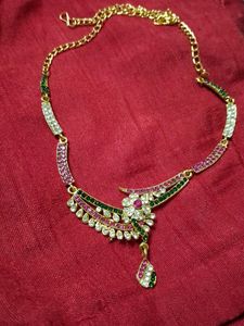 Gold Plated Necklace with pink and green stone