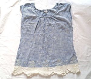 Blue Striped Sleeveless Top with Lace Trim
