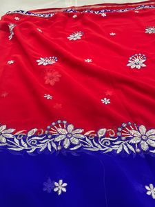 Embroidered Blue &amp; Red Sari