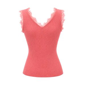 Pink Lace Trim Button-Up Ribbed Top
