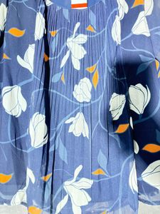 Navy Floral Print Pleated Blouse