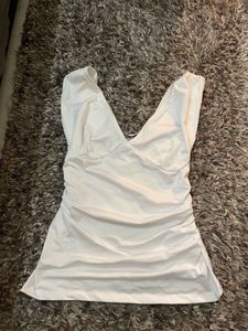 Chic White Ruched V-Neck Top