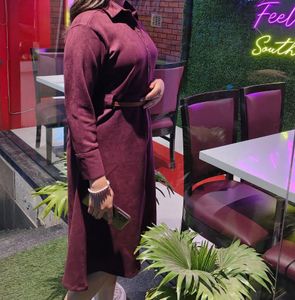 Maroon Button-Down Midi Dress with Belt