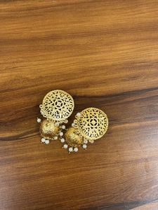 Golden Jhumka Earrings with Pearls