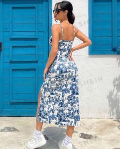 Blue &amp; White Floral Print Midi Dress