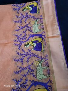 Elegant Peach Saree with Deer &amp; Woman Embroidery