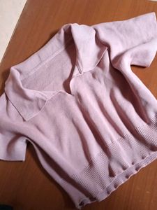 Crop Pink Collared Knit Top