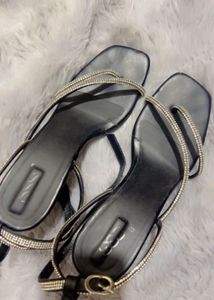 embellished Black Flat Sandals