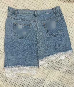 Distressed Denim Mini Skirt with Lace Trim