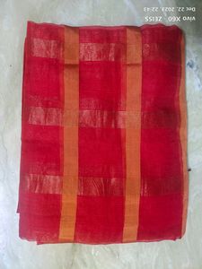 Brand New Red Checks Cotton Mix Sari
