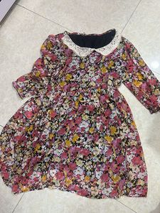 Floral Print Midi Dress with Lace Collar
