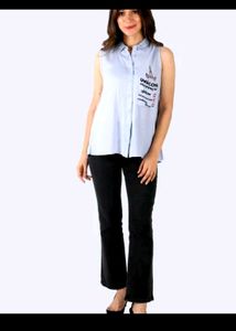 Sleeveless Collared Shirt with Graphic Print