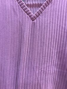 Purple Ribbed V-Neck Long Sleeve Top