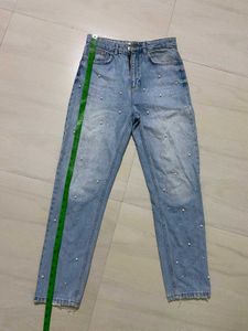 MANGO Pearl Embellished Light Wash High waist Jean