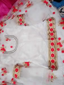 White Lehenga Choli with Red Floral Embroidery
