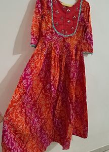 orange pink bandhani print kurta cum gown