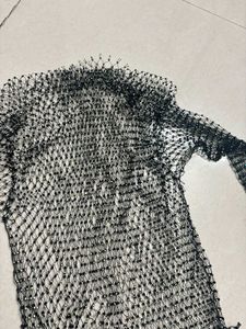 Black Feather Embellished Mesh Top