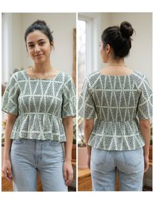 Light Green Peplum Top with Geometric Print