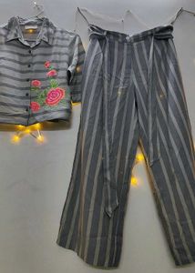 Striped Palazzo Set with Floral Embroidery