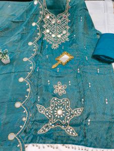 Teal Mirror Work unstitched suit