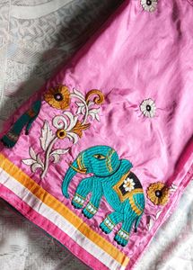 Embroidered Pink and Silk Saree with