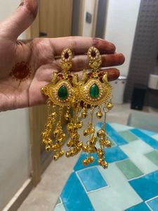 Gold Plated Green Stone Dangle Earrings