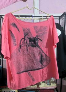 Pink Cat Graphic Oversized Tee
