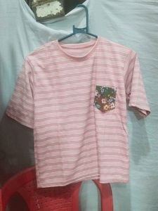 Pink Striped T-Shirt with Floral Pocket