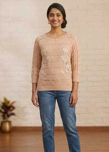 Peach Floral Embroidered Sweater