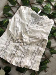 Sheer Puff Sleeve Button-Up Top