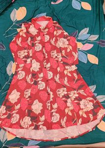 Red floral A‑line dress with straight