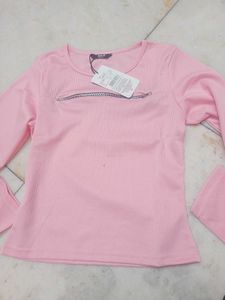 Pink Ribbed Long Sleeve Zip Top