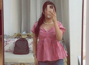 Chic Red Gingham Peplum Top