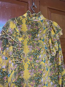 Yellow Floral Ruffle Neck Blouse