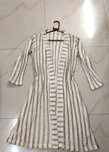 New White And Gold Wool Overcoat Shrug