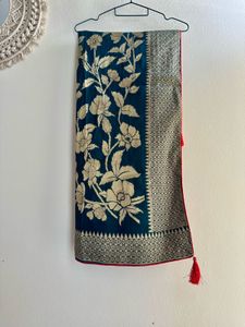 Teal Blue Bordered Saree with Gold Embroidery