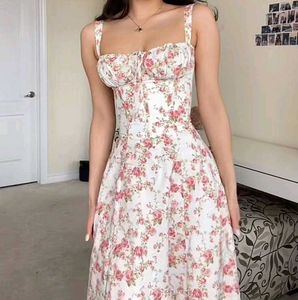 Pink  Floral Printed Shoulder Strap Flare Dress