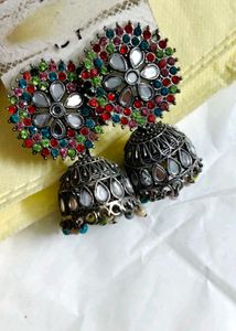 Oxidized Jhumka Earrings with Mirror &amp; Beads