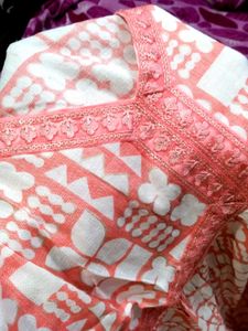 Peach &amp; White Printed Kurta Set