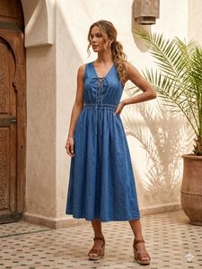 Denim Midi Dress with Tie Neck