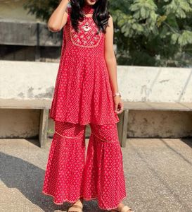 Vibrant Red Printed Kurta Set with Sharara Pants